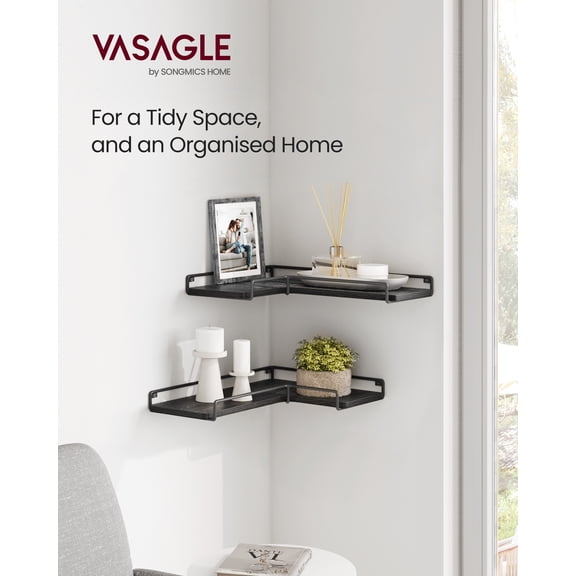 Set of 2 Corner Wall Shelves, Floating Corner Shelf Set with Raised Edges & Cable Slots, for Living Room Bedroom Kitchen, Black