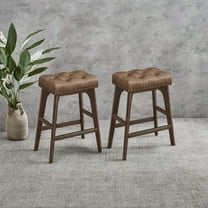 Set of 2 Counter Bar Stools, 26-Inch, Coffee Brown, PU Leather, Wooden Legs