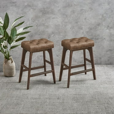 Set of 2 Counter Bar Stools, 26-Inch, Coffee Brown, PU Leather, Wooden Legs