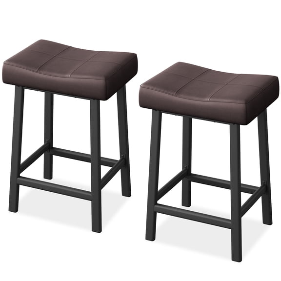 Set of 2 Counter Height Bar Stools, 24" Backless Saddle Seats, Upholstered PU Leather Padded Curved Cushion, Metal Legs w/ Footrest, Easy Assembly