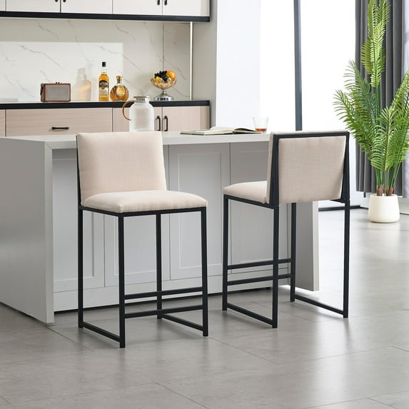 Set of 2 Counter Height Bar Stools, Upholstered Linen Bar Chairs, Metal Footrest and Frame for Kitchen,Dining Room (Ivory)