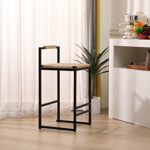 Set of 2 Counter Height Bar Stools with Backs, Boho Paper Rope Woven Seats & Black Iron Frame, 31.5" H, for Kitchen, Home Bar & Dining