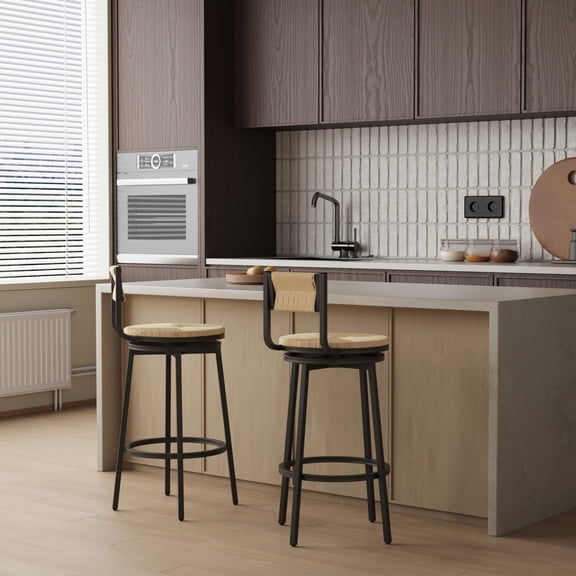 Set of 2 Counter Height Bar Stools with Footrest, 360° Swivel Armless Farmhouse Weaving Dining Chairs for Kitchen, Honey