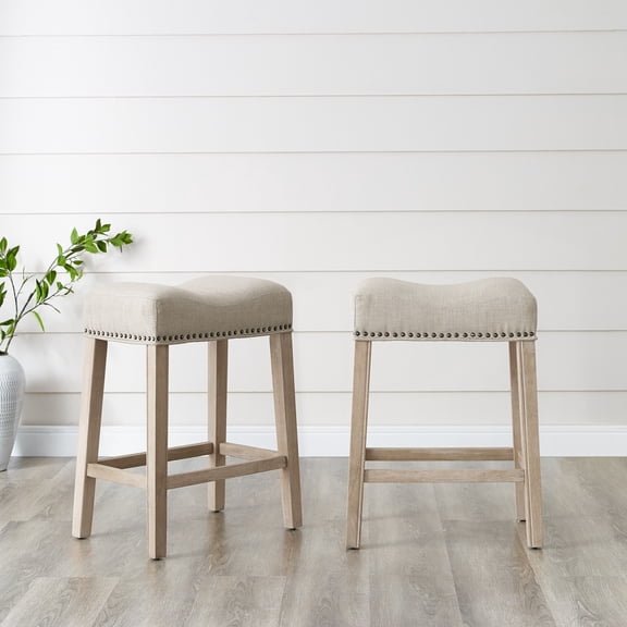 Set of 2 Counter Height Stools for Kitchen Island, 24 inch Backless Saddle Seat Stools with Wood Frame in Tan
