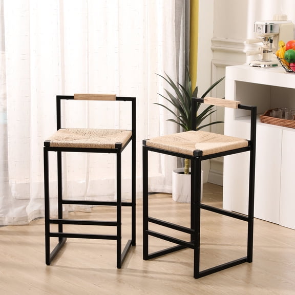 Set of 2 Counter Height Stools with Back, Hand-woven Paper Rope, Comfortable Seating - Perfect for Home Gatherings