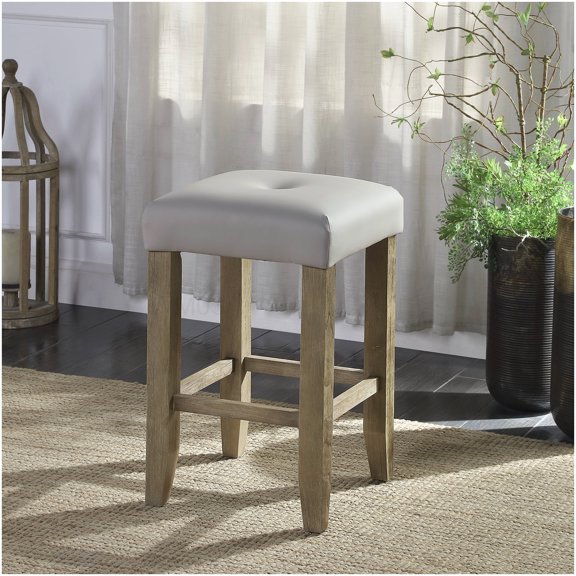 Set of 2 Counter Stools with Storage, Gray Faux Leather Upholstery and Oak Legs