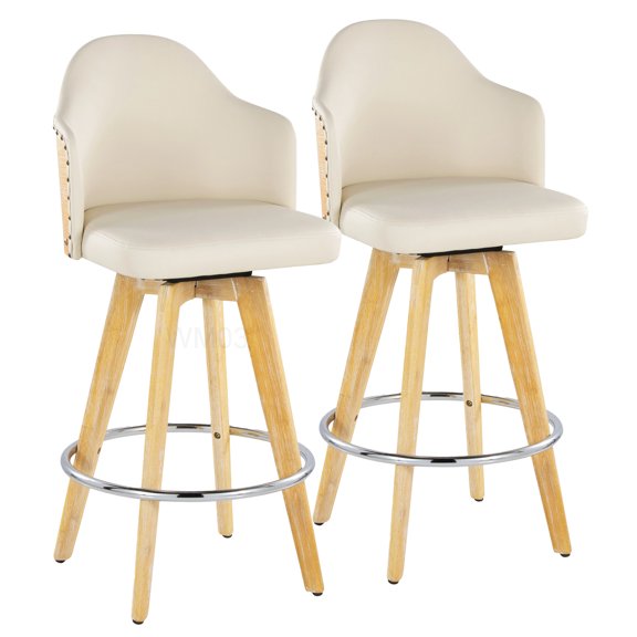 Set of 2 Cream Counter Stools with Swivel, Natural Bamboo Legs and Chrome Footrest