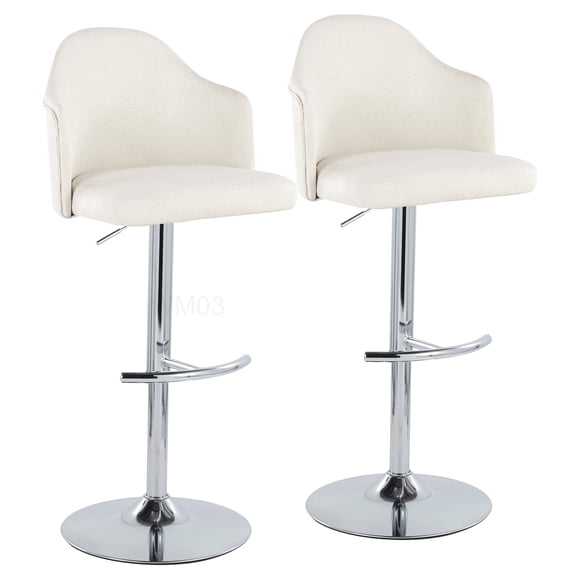 Set of 2 Cream Fabric Bar Stools with Swivel and Adjustable Height, Chrome Footrest for Kitchen Counter