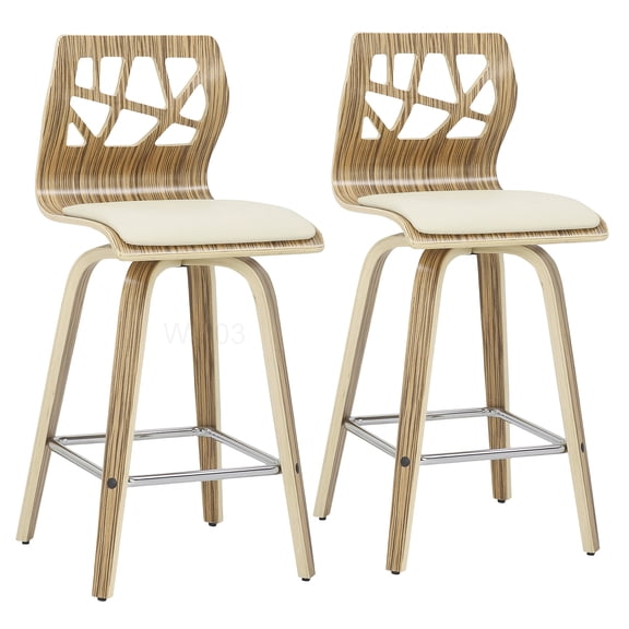 Set of 2 Cream Faux Leather Counter Height Stools with Zebra Wood Finish and Lattice Back