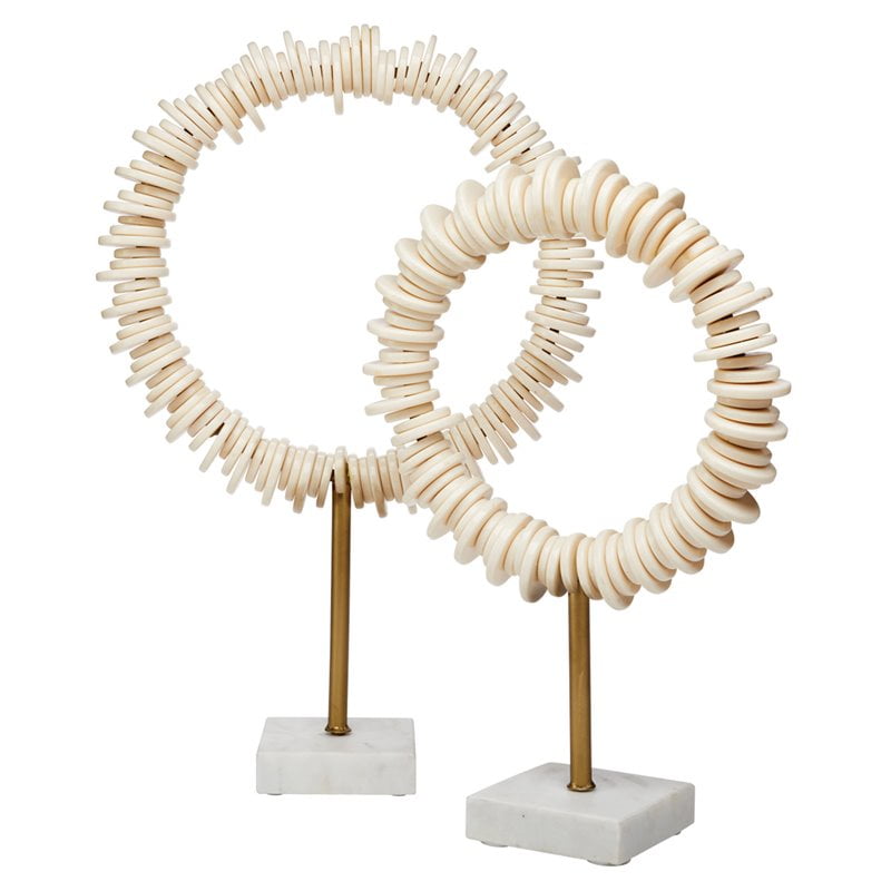 Cream Resin and Brass Ring Sculptures with Marble Base, Set of 2