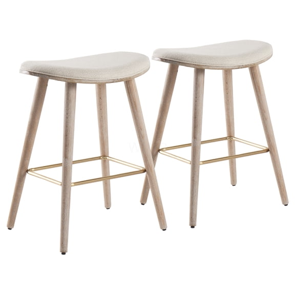 Set of 2 Cream Upholstered Counter Stools with Gold Metal Footrest and White Washed Wood Legs