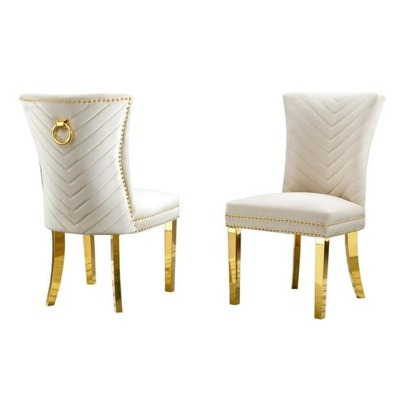 Set of 2 Cream Velvet Upholstered Chairs with Gold Stainless Steel Legs