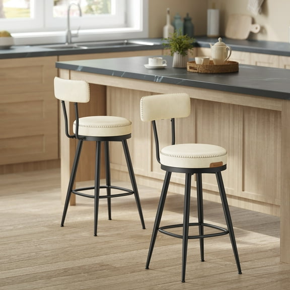 Set of 2 Cream White Bar Stools with Back, 360 Swivel Counter Height Stools, Mid-Century Modern Design, PU Leather Upholstery, 25.6 Inch