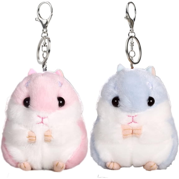 Set of 2 Cute Hamster Plush Keychains Stuffed Animals Keyring Charm Handbag Pendant, Pink Blue