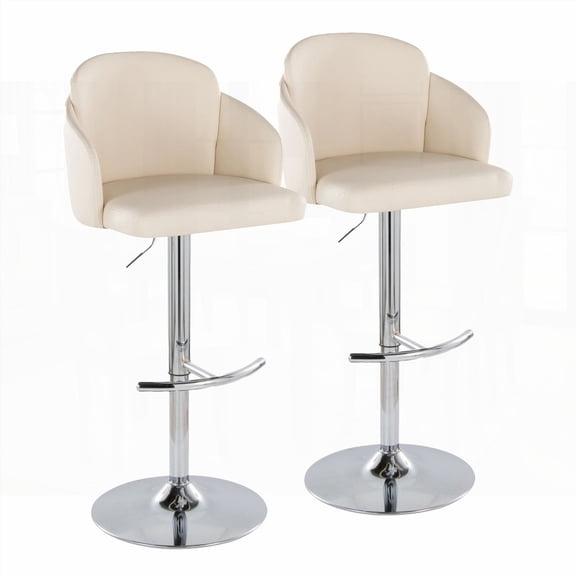 Set of 2 Dahlia Contemporary Barstools in Chrome Metal & Cream Faux Leather with Rounded T Footrest