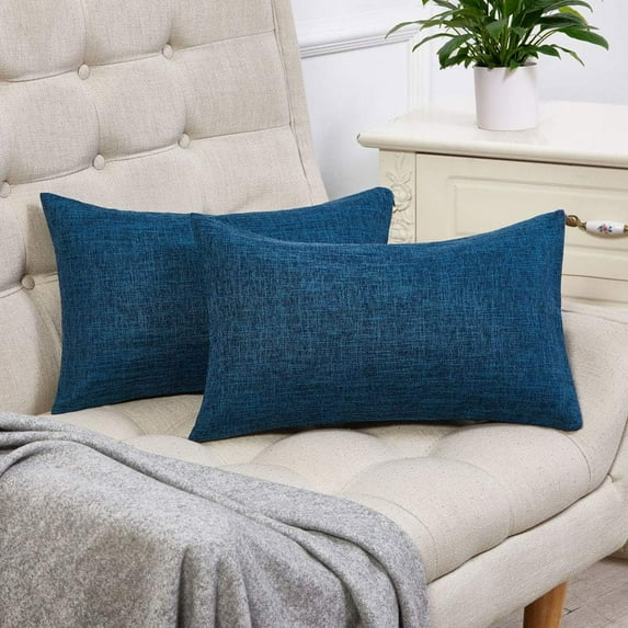 Set of 2 Dark Blue Lumbar Pillow Covers Rustic Linen Decorative Throw Pillow Covers 12x20 Inch for Sofa Couch Decoration