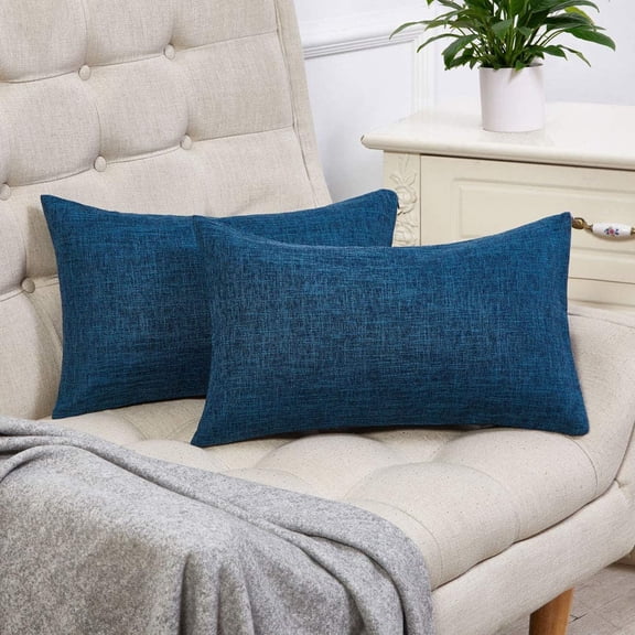 Set of 2 Dark Blue Lumbar Pillow Covers Rustic Linen Decorative Throw Pillow Covers 12x20 Inch for Sofa Couch Decoration