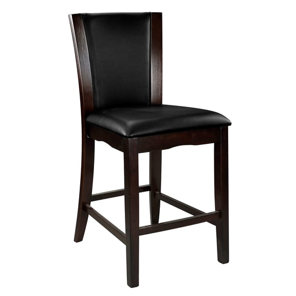 Set of 2 Dark Brown Faux Leather Counter Height Dining Chairs, Espresso Hardwood Frame Bar Stools