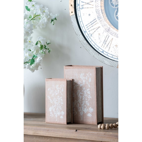 Set of 2 Decorative Book Boxes with Soft Multi-Colored Floral Motifs, L: 7x3x10.5" S: 5x2x8.5"