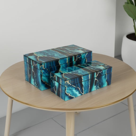 Set of 2 Decorative Boxes Deep Blue Black Faux Marble Accent Glass Storage with Lids