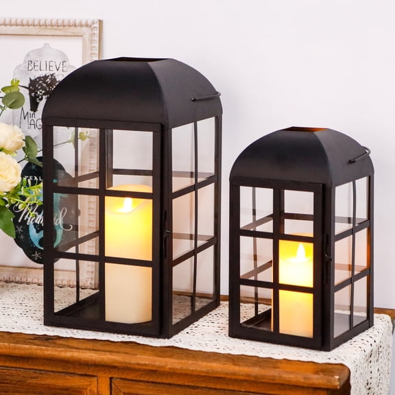 Set of 2 Decorative Candle Lantern 10.5&14''H Decorative Outdoor Lantern Metal Candle Holder with Tempered Glass for Halloween Christmas Home Garden Yard Patio Parties Indoors Outdoors(Black)