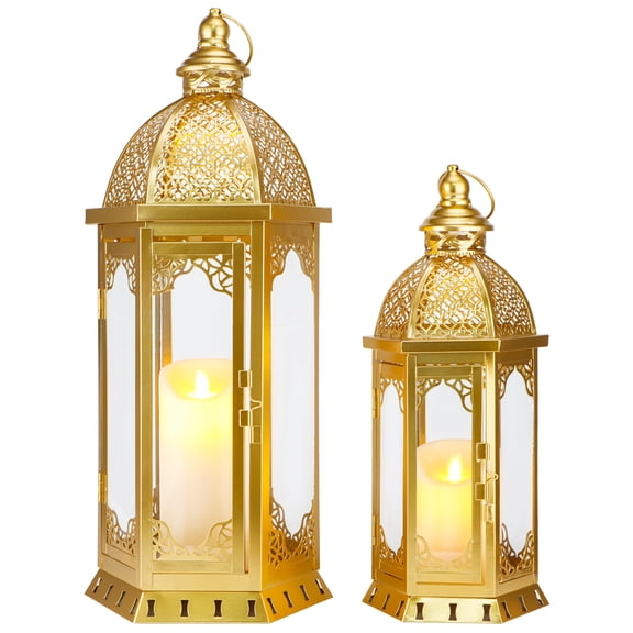 Set of 2 Decorative Candle Lantern 22"&17" H Outdoor Candle Lanterns Vintage Metal Candle Holder for Garden Living Room Indoor
