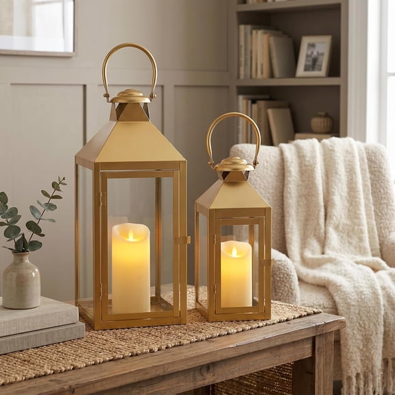 Set of 2 Decorative Candle Lanterns 17.5"&13.5" H Metal Candle Holders for Indoor Outdoor Decor Paritie Wedding Ramadan