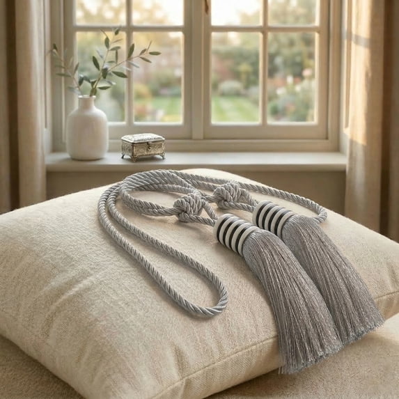 Evideco French Home Goods Curtain Holdbacks Set of 2 Decorative Curtain Tiebacks With Tassel - Silver Mist