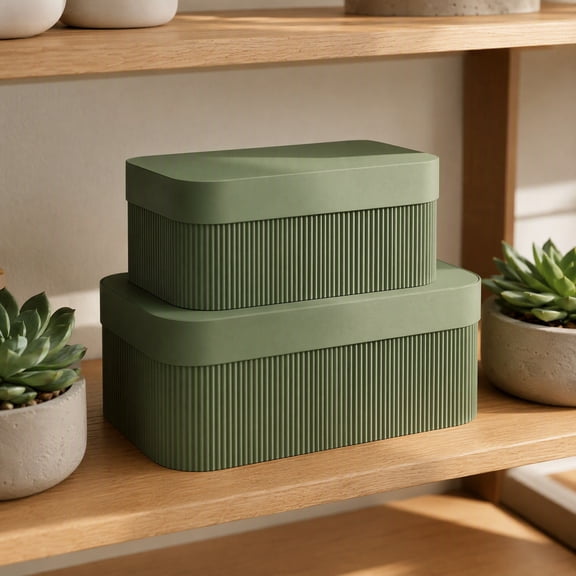 Set of 2 Decorative Fluted Storage Boxes with Lids, Home Bookshelf Organizer Bins for Documents & Keepsakes