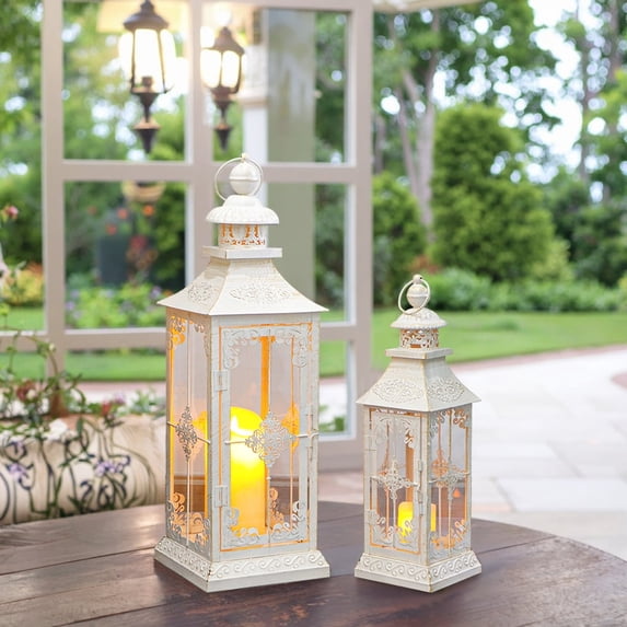Set of 2 Decorative Lanterns 21.5'' & 16" H Vintage Hanging Tower Lantern Metal Candle Holder with Tempered Glass for Indoor Outdoor Home Decor Parties Garden Wedding (White with Gold Brush)