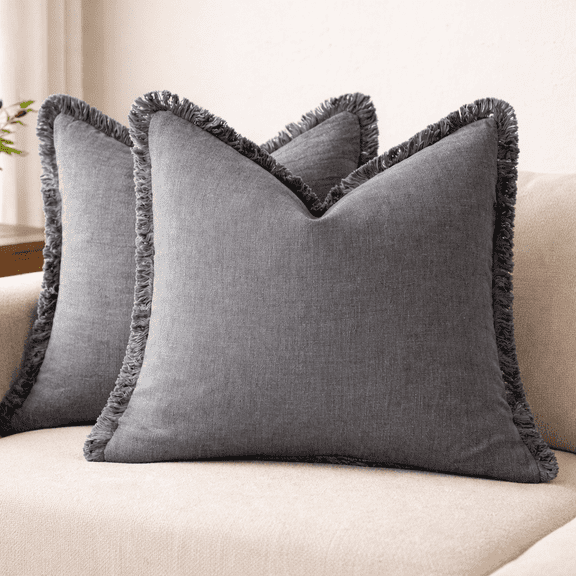 Set of 2 Decorative Cotton Fringe Throw Pillow Covers, Linen Texture 18x18 Inch - Gray