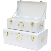 CHOCSTAY Set of 2 Decorative Metal Trunks, Storage Chests & Boxes with Lock Hole and Handle, 23.8X14.2X9.5 Inches White