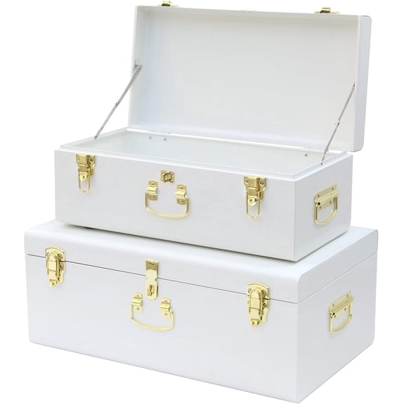 CHOCSTAY Set of 2 Decorative Metal Trunks, Storage Chests & Boxes with Lock Hole and Handle, 23.8X14.2X9.5 Inches (White)