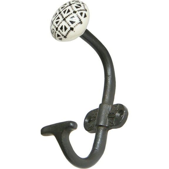 Set of 2 Decorative Patterned Ceramic Knob On Cast Iron Wall Hook