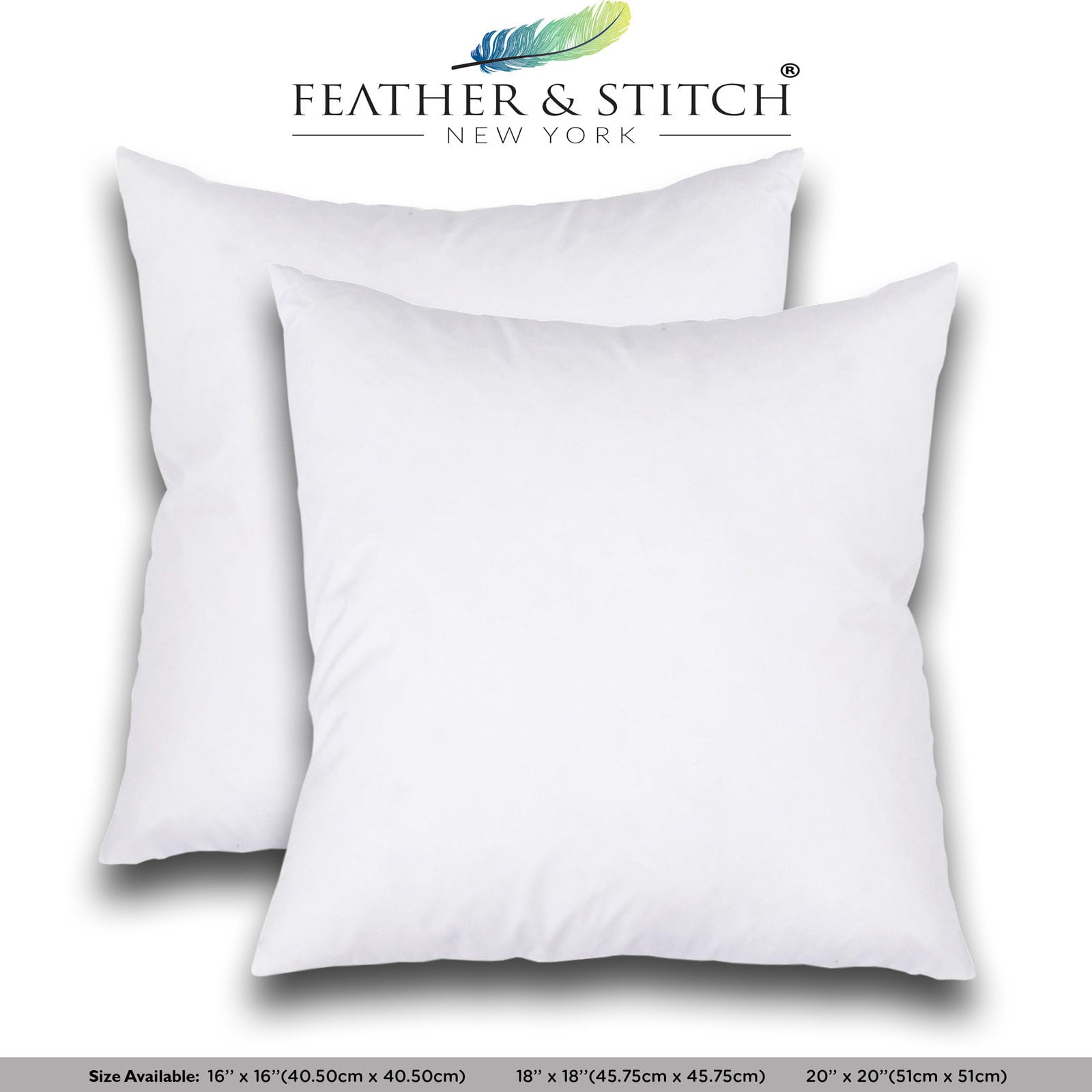 Feather & Stitch Decorative Pillow Inserts Square Pillow, Sofa and Bed pillow  Inserts, Throw Pillow Insert Set of 2 - 20L x 20W Large 