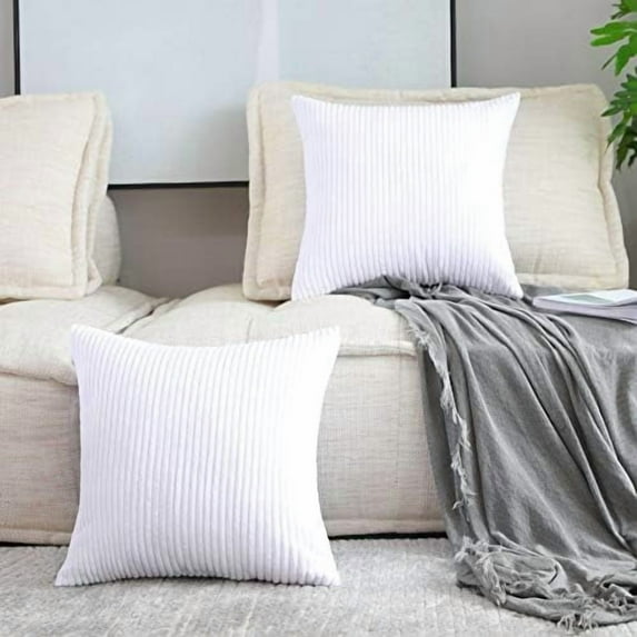 Set of 2 Decorative Pillows for Couch Pillow Protectors for Sofa, Stripes Velvet, 55x55 cm, 22 x 22 Inch, Pure White