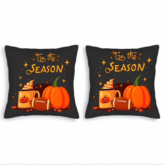 Set of 2 Decorative Throw Pillow Covers 18x18in - Autumn-Themed with Pumpkin Football Whipped Cream Mug & Leaves - Perfect for Couch Bed Car