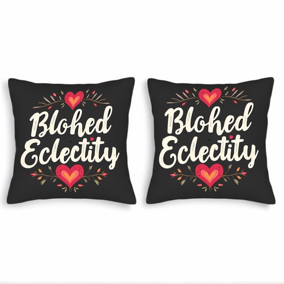 Set of 2 Decorative Throw Pillow Covers 18x18in - Black Background with " Blohed Eclecticity " in Cursive Hearts & Leaves Design for Couch Bed Car