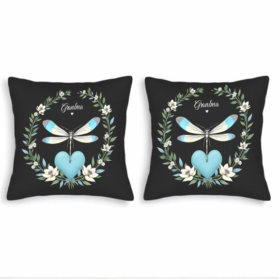 Set of 2 Decorative Throw Pillow Covers 18x18in - Black Background with Blue Heart Floral Wreath Dragonfly & ' Grandma ' Cursive Design