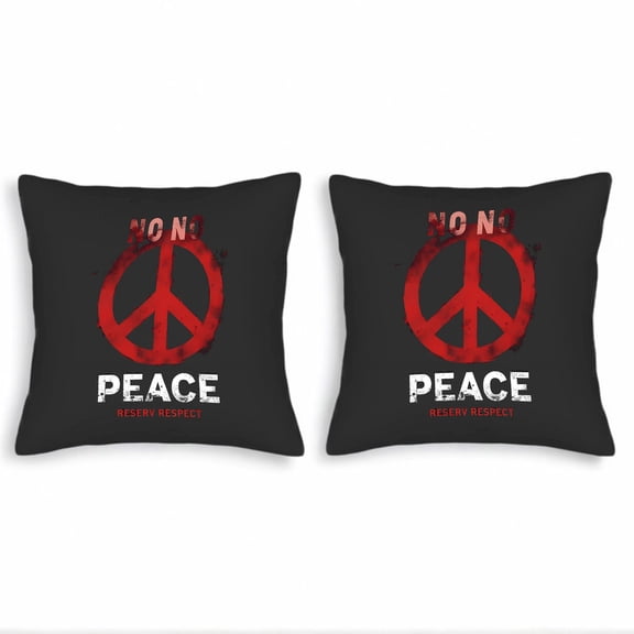 Set of 2 Decorative Throw Pillow Covers 18x18in - Black Background with Bold Red Peace Symbol ' NO NO ' & ' PEACE RESERV ' Design for Couch Bed Car