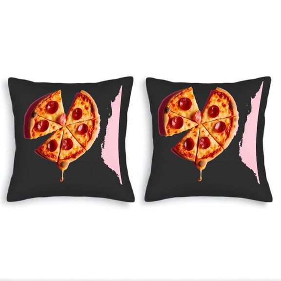 Set of 2 Decorative Throw Pillow Covers 18x18in - Black Background with Center Pizza Design & Unique Pink Textured Pattern