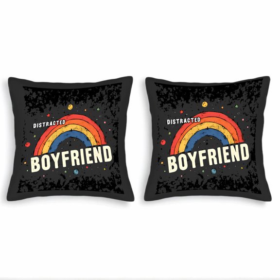 Set of 2 Decorative Throw Pillow Covers 18x18in - Black Background with Colorful Rainbow & ' DISTRACTED FRIEND ' Design Fun