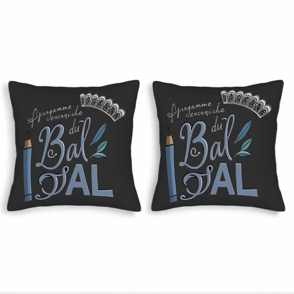 Set of 2 Decorative Throw Pillow Covers 18x18in - Black Background with Crown Elegant ' Bal ' Script Pencil Illustration & Green Leaves