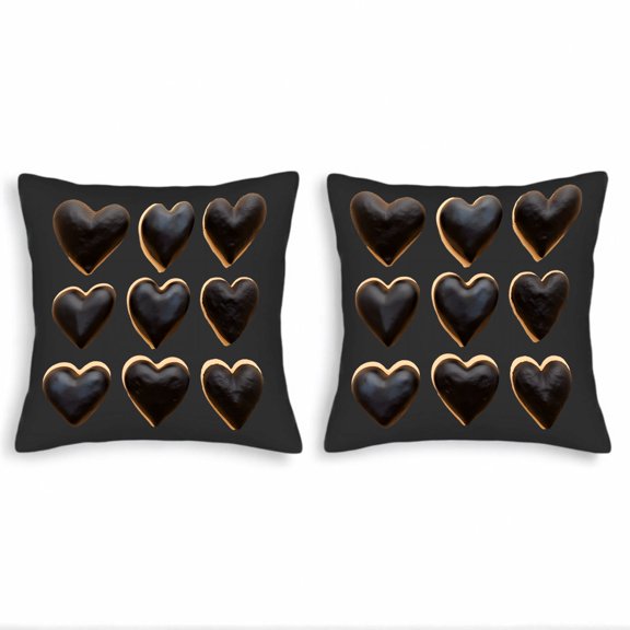 Set of 2 Decorative Throw Pillow Covers 18x18in - Black Background with Glossy Heart-Shaped Cookie Pattern for Couch Bed Car