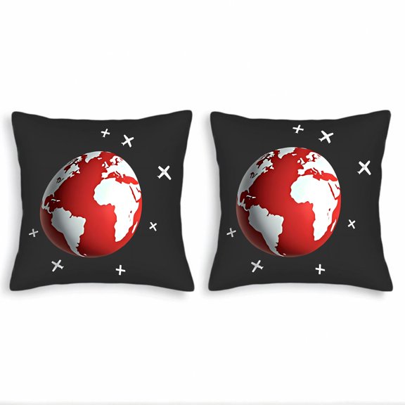 Set of 2 Decorative Throw Pillow Covers 18x18in - Black Background with Glossy Red & White Earth Design Airplanes