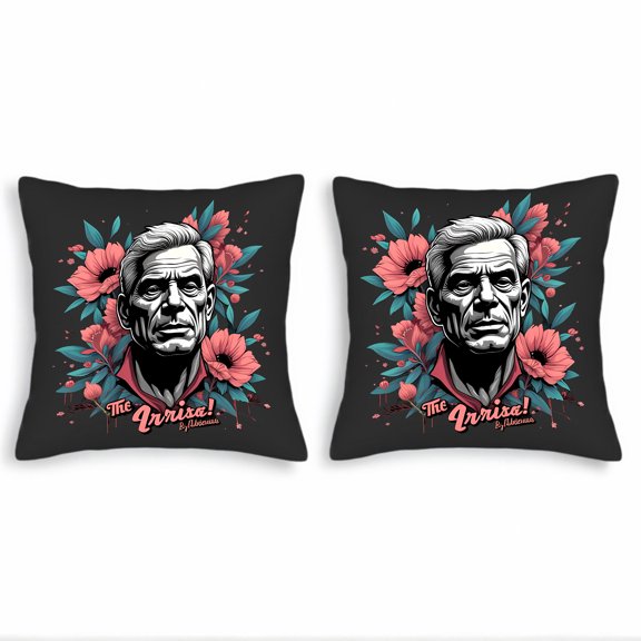 Set of 2 Decorative Throw Pillow Covers 18x18in - Black Background with Grayscale Man Portrait & Vibrant Floral Design for Couch Bed Car