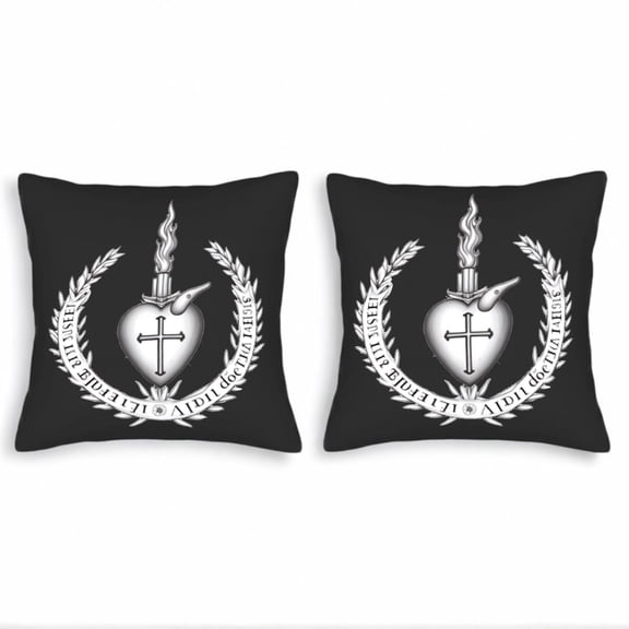 Set of 2 Decorative Throw Pillow Covers 18x18in - Black Background with Heart & Cross Emblem Torch and Laurel Wreath Design