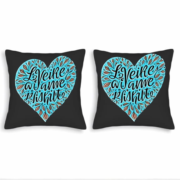 Set of 2 Decorative Throw Pillow Covers 18x18in - Black Background with Heart of Stylized Leaves in Orange & Light Blue Artistic Text Design