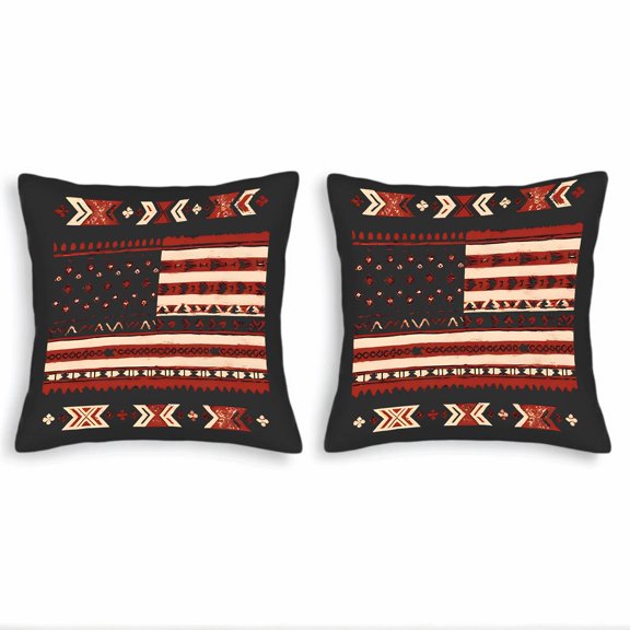 Set of 2 Decorative Throw Pillow Covers 18x18in - Black Background with Intricate American Flag Design Geometric Patterns in Red White & Black
