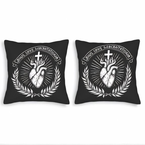 Set of 2 Decorative Throw Pillow Covers 18x18in - Black Background with Intricate Heart Cross and Laurel Design - Perfect for Couch Bed Car